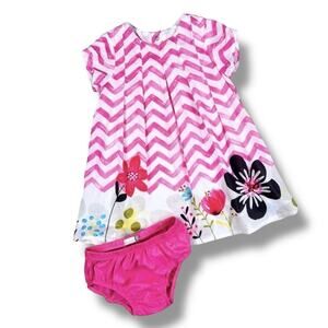 Catimini Dress Bloomer Set Baby Girl 18M Pink Chevron Floral Cotton Spring